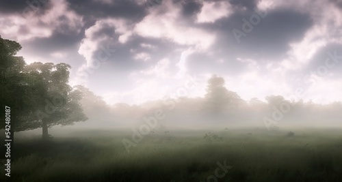 grass field landscape in cloudy sky with fair weather. rendering illustration  octane  blender  nature  sun light.