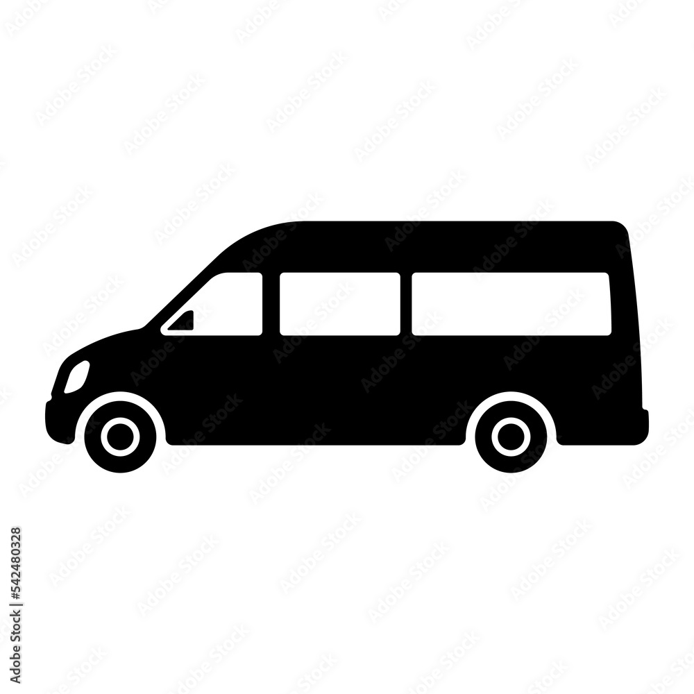 Minibus icon. Small passenger bus. Black silhouette. Side view. Vector simple flat graphic illustration. Isolated object on a white background. Isolate.