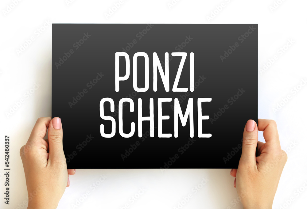 Ponzi scheme - investment fraud that pays existing investors with funds collected from new investors, text concept on card Ponzi scheme - investment fraud that pays existing investors with funds collected from new investors, text concept on card