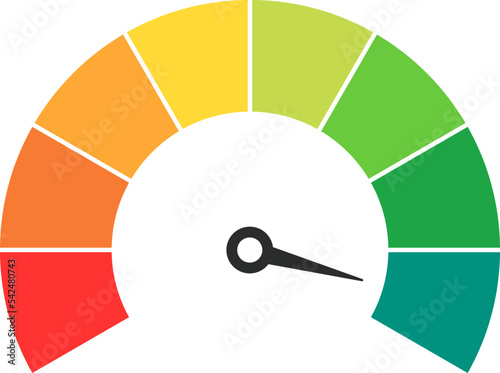 Vector speedometer meter with arrow for dashboard with green, yellow, orange and red indicators. Gauge of tachometer. Low, medium, high and risk levels. Bitcoin fear and greed index cryptocurrency