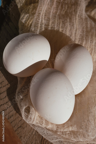 Close-up of white eggs on a napkin. photo
