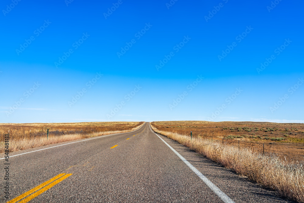 Naklejka premium Road trip point of view near Wichita, Kansas rural countryside with wide angle view of clear blue sky and empty street paved way by dry farm fields in autumn fall season