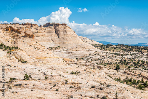 High angle aerial view of colorful sandstone formations landscape in Grand Staircase Escalante National Monument in Utah from highway 12 scenic byway photo