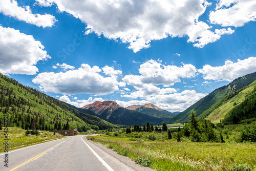 Ouray  Colorado scenic byway in summer Million Dollar Highway 550 road driving point of view and Engineer mountain peak to Durango and Silverton