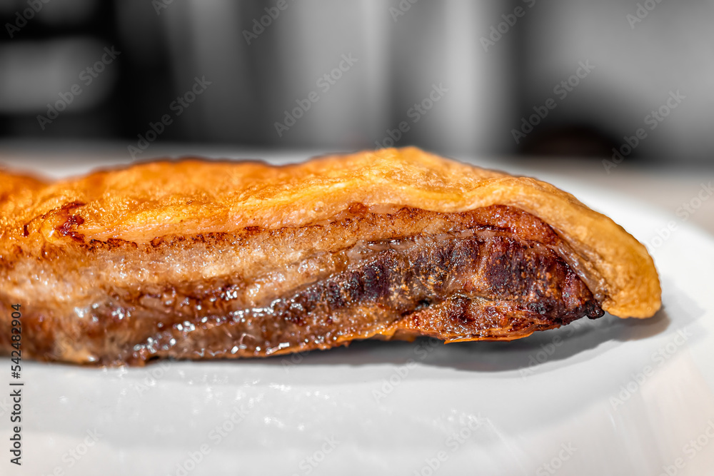 Macro closeup of fresh barbecue cooked baked pork belly fat bacon meat with crispy crunchy skin, nutritious food isolated against white plate background Macro closeup of fresh barbecue cooked baked pork belly fat bacon meat with crispy crunchy skin, nutritious food isolated against white plate background