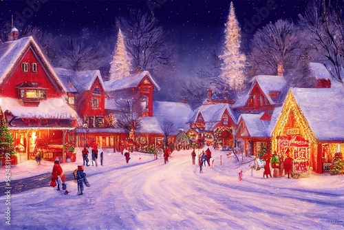 Christmas village with Snow in vintage style. Winter Village Landscape. Christmas Holidays. Christmas Card. 3d illustration