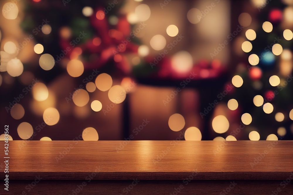 Wooden table, blurred bokeh background background. Neon light, night view, close-up. The general background of the interior, a dark background. Wooden table, blurred bokeh background background. Neon light, night view, close-up. The general background of the interior, a dark background.