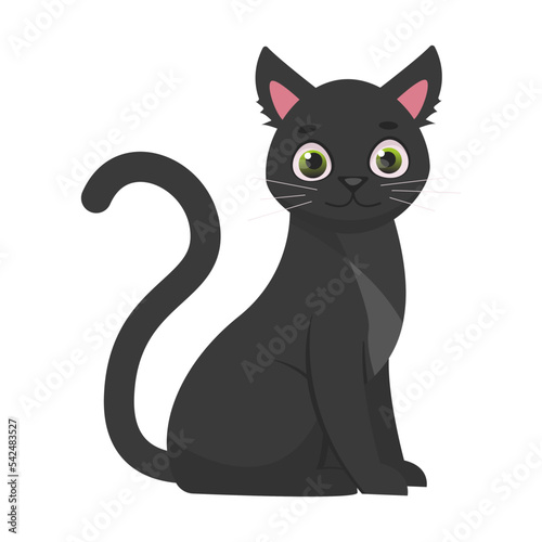 Black vector cute cat sitting. Adorable animal. Vector graphic. 