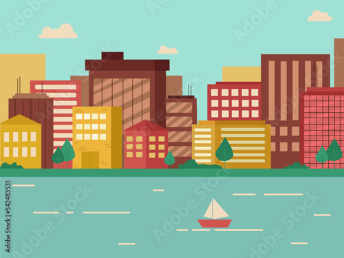 Urban landscape. Embankment, boat, buildings, skyscrapers and trees. Vector graphic.	