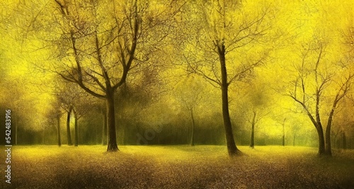 golden yellow autumn tree in oil painting style. landscape, outdoor, hand drawn, illustration.