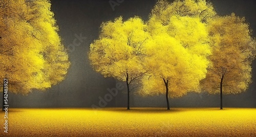 golden yellow autumn tree in oil painting style. landscape, outdoor, hand drawn, illustration.