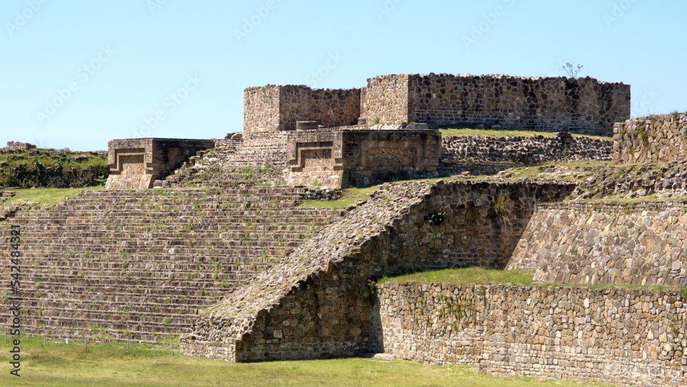 Low, stepped pyramid in the ruins of Monte Alban, in Oaxaca, Mexico