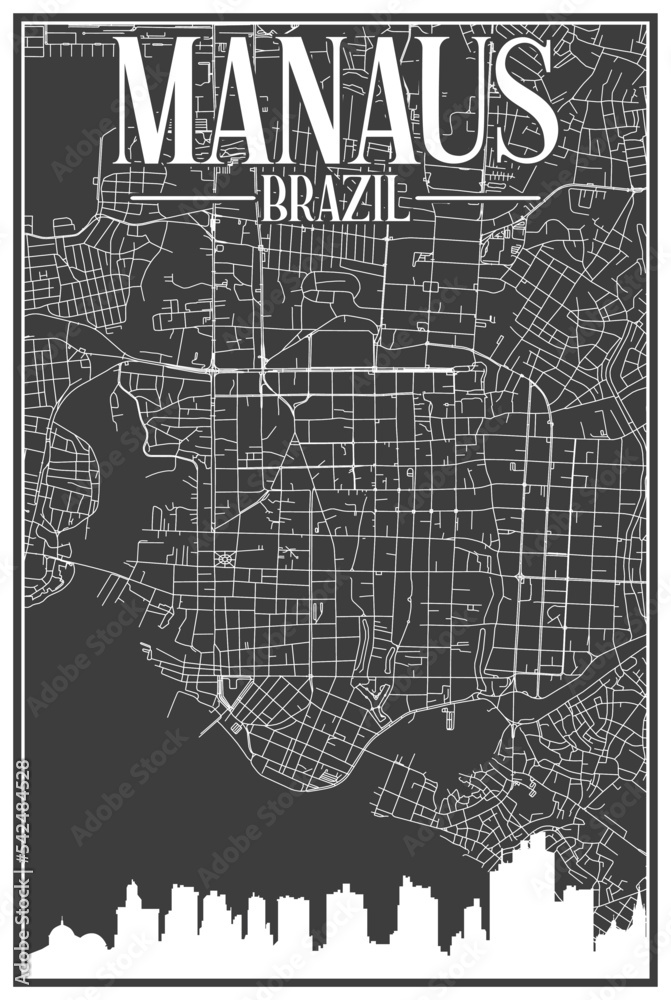 Black vintage hand-drawn printout streets network map of the downtown MANAUS, BRAZIL with highlighted city skyline and lettering