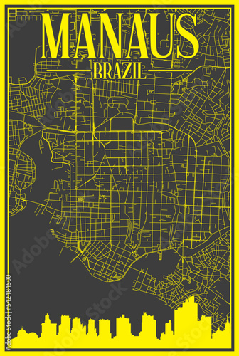 Black and yellow vintage hand-drawn printout streets network map of the downtown MANAUS  BRAZIL with highlighted city skyline and lettering