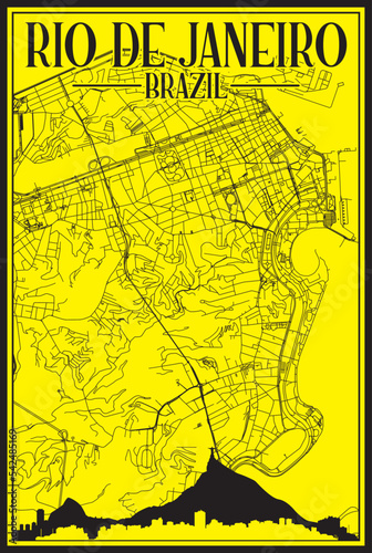 Yellow vintage hand-drawn printout streets network map of the downtown RIO DE JANEIRO, BRAZIL with highlighted city skyline and lettering