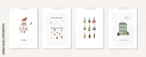 Collection of Christmas greeting cards with xmas decor, Santa Claus, tree, animals, gifts, map. Winter season cute holiday posters. Vector abstract illustration in doodle hand drawn flat style