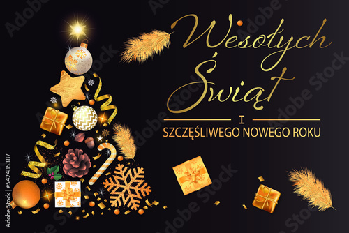 kartka lub baner z życzeniami Wesołych Świąt i szczęśliwego Nowego Roku w kolorze złotym na czarnym tle z drzewem uformowanym z bombki, serpentyny, jodły, gwiazdy, prezentów, trzciny cukrowej, konfett