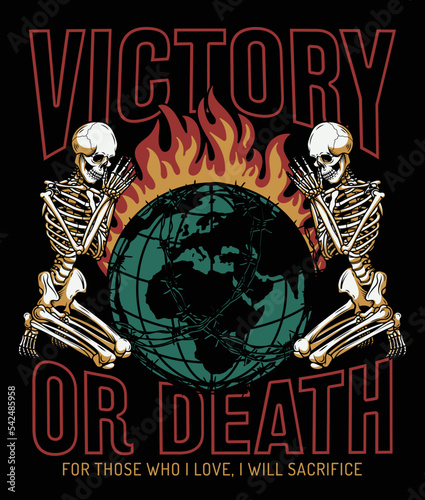 Burning Globe Between Praying Skeletons Illustration with Slogan Vector Artwork on Black Background