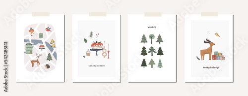 Collection of Christmas greeting cards with xmas decor, Santa Claus, tree, animals, gifts, map. Winter season cute holiday posters. Vector abstract illustration in doodle hand drawn flat style
