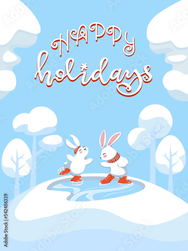 Cute bunny couple on a winter landscape illustration with hand lettering wishing Happy Holidays. Winter greeting card in an editable vector file. 