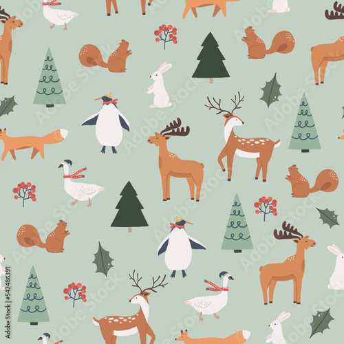 Winter Christmas seamless pattern with forest animals, moose, deer, penguin, squirrel, rabbit, goose, trees. Vector illustration in doodle hand drawn flat style for fabric, textile, paper, kids