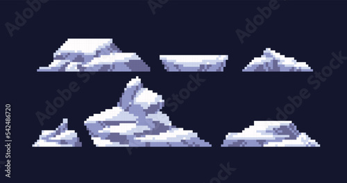 Ice mountain pixel art set. Iceberg, frozen hill collection. Arctic or antarctic rock. 8 bit sprite. Game development, mobile app.  Isolated vector illustration.