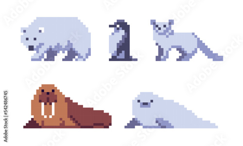 Arctic tundra animals pixel art set. North wildlife, fauna collection. Snow bear, fox and walrus. 8 bit sprite. Game development, mobile app.  Isolated vector illustration. © SickleMoon