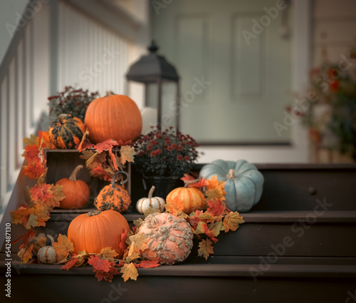 Fall displayed with pumpkins and autumn leaves on front steps. photo