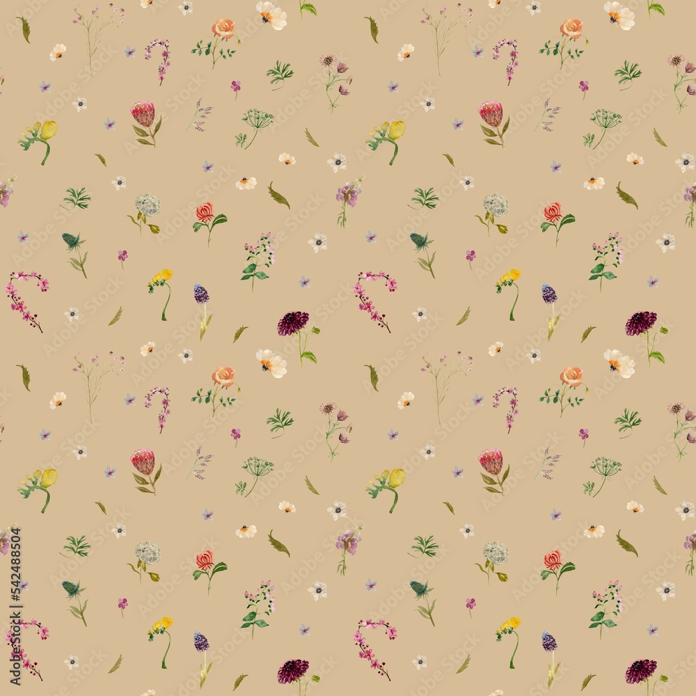 Seamless flower leave a beige pattern watercolor