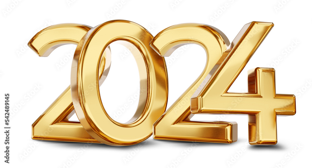 2024 gold metallic glossy symbol of the year 2024, isolated 3d