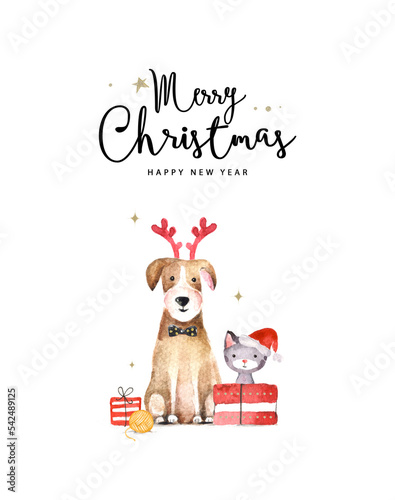 Merry Christmas and Happy New Year card. Watercolor illustration of christmas dog and cat on the white background. 
