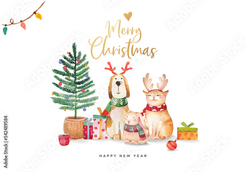 Christmas greeting card with watercolor illustrations of Christmas dog, cat and rabbit. Hand drawing illustrations. Merry Christmas and Happy New Year card. 2023.