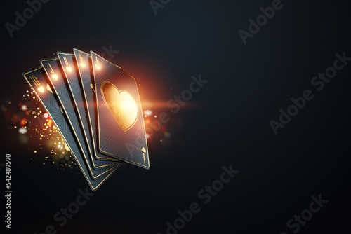 Casino banner, creative background, playing cards in black and gold style, luxury. Concept of online gambling, recreation, poker, black jack, online casino. Copy space, 3D illustration, 3D render.