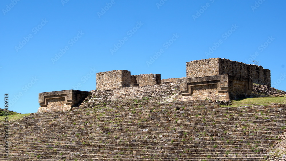 Steps leading up a stepped pyramid in the ruins of Monte Alban, in Oaxaca, Mexico