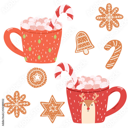 Cute mugs with marshmallows, candy cane and gingerbread cookies in cartoon style. Hand drawn vector illustration of hot drinks and Christmas sweets