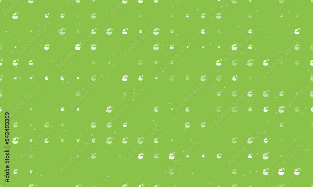 Seamless background pattern of evenly spaced white noodle symbols of different sizes and opacity. Vector illustration on light green background with stars