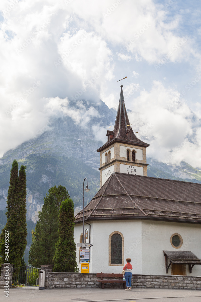 Wetterhorn Mountain and church in the Jungfrau Alps at Grindelwald, Switzerland