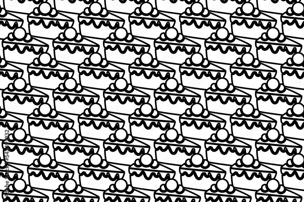 Seamless pattern completely filled with outlines of piece of cake symbols. Elements are evenly spaced. Vector illustration on white background