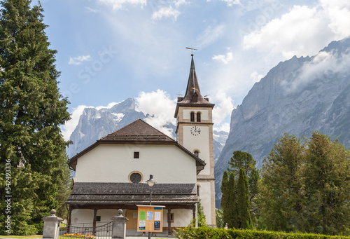 Wetterhorn Mountain and church in the Jungfrau Alps at Grindelwald, Switzerland