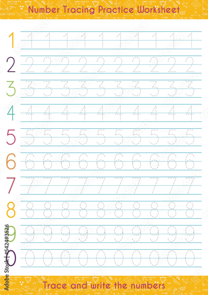 Printable number tracing practice worksheet for kids Stock Vector ...