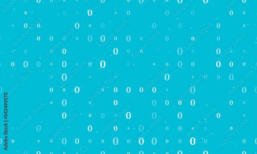 Seamless background pattern of evenly spaced white number zero symbols of different sizes and opacity. Vector illustration on cyan background with stars