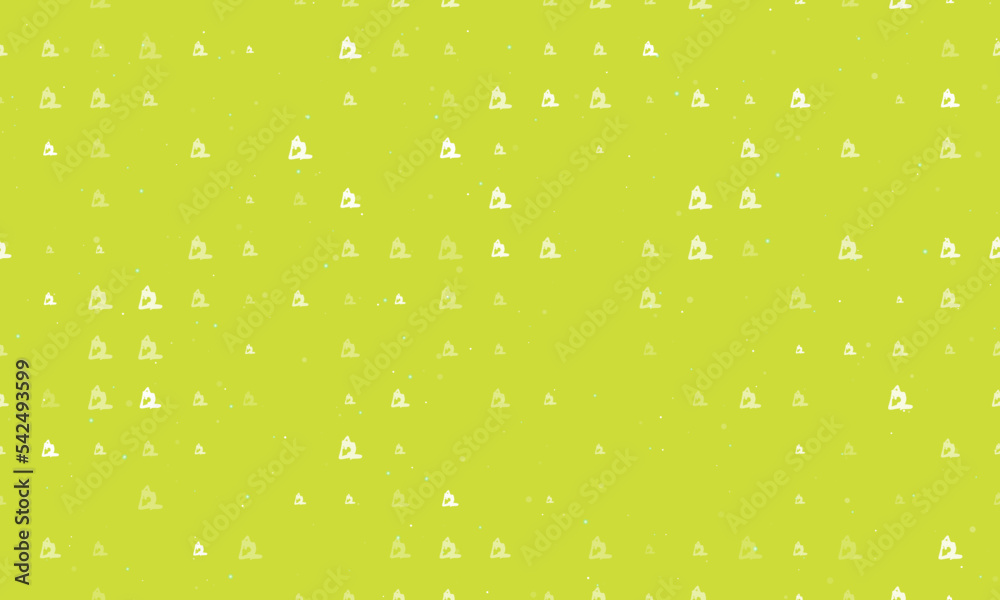 Seamless background pattern of evenly spaced white yoga stretching pose symbols of different sizes and opacity. Vector illustration on lime background with stars