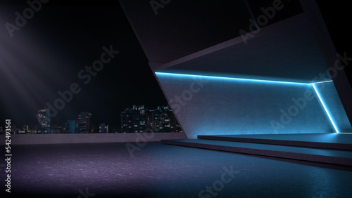 Showroom futuristic style for product show with night city background. 