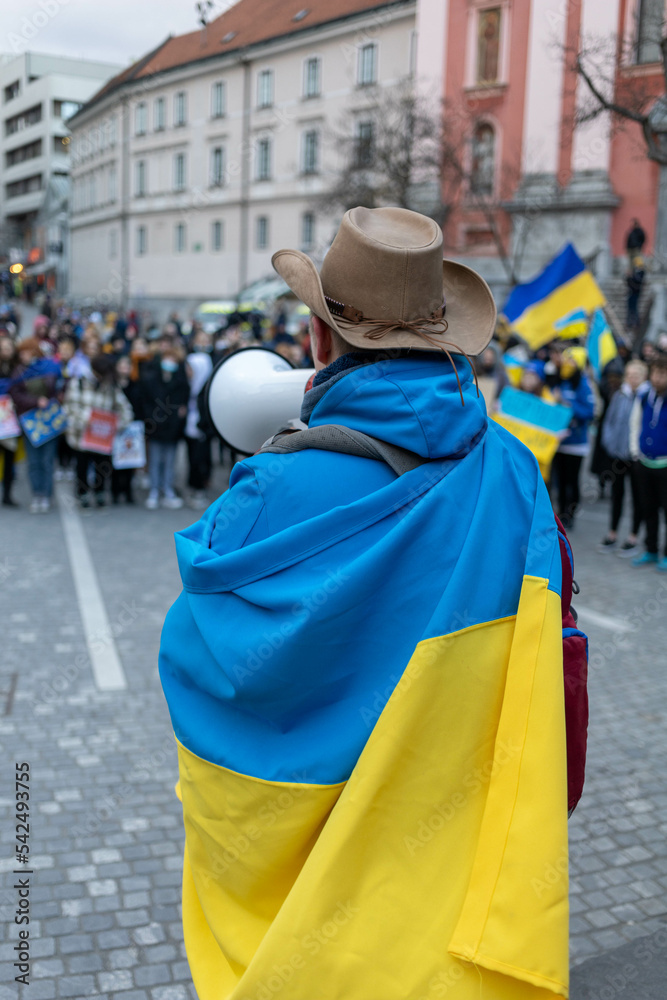 Fototapeta premium demonstration to support Ukraine leader with loudspeaker