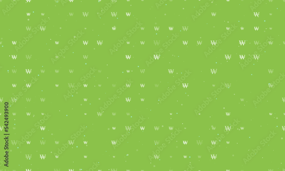 Seamless background pattern of evenly spaced white Korean won signs of different sizes and opacity. Vector illustration on light green background with stars