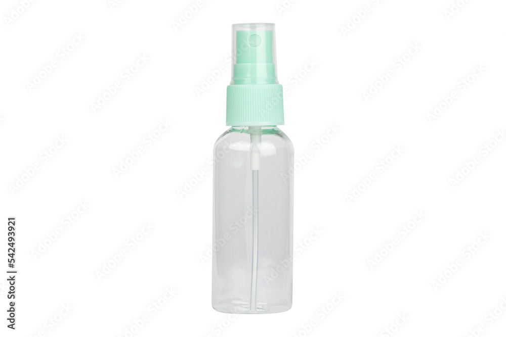 transparent spray bottle close-up, isolate