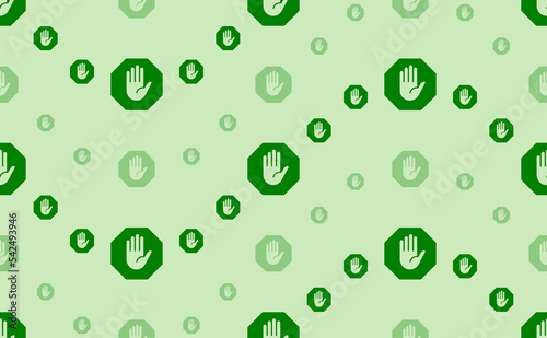 Seamless pattern of large and small green stop hand symbols. The elements are arranged in a wavy. Vector illustration on light green background