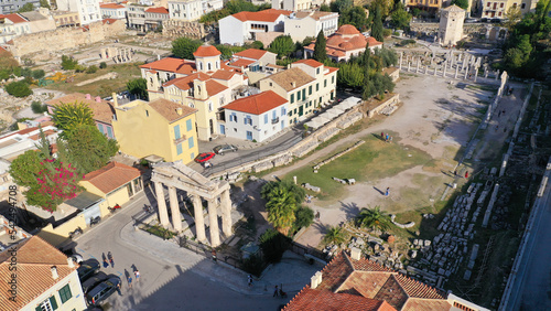 Aerial drone photo of iconic ancient Roman forum in the heart of historic Plaka, Athens, Attica, Greece