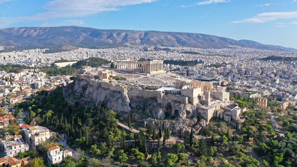 Aerial drone photo of iconic Acropolis hill and the Parthenon a Unesco World Heritage Masterpiece of ancient times, Athens historic centre, Attica, Greece