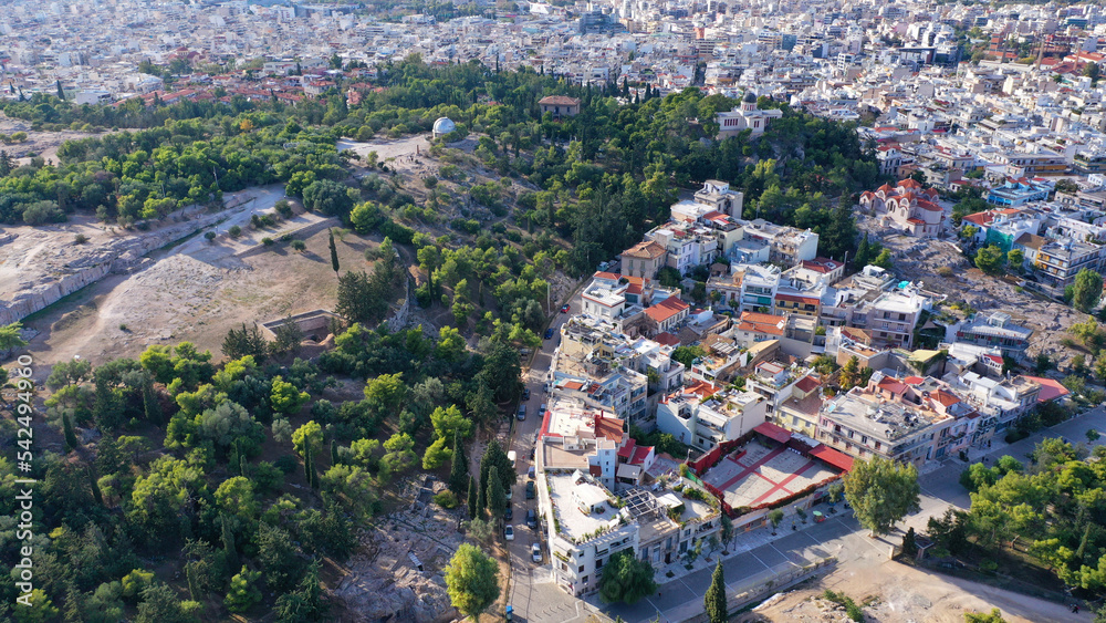Aerial drone photo of iconic Pnyka where Athenians gathered in ancient Greece, Athens historic centre, Attica, Greece